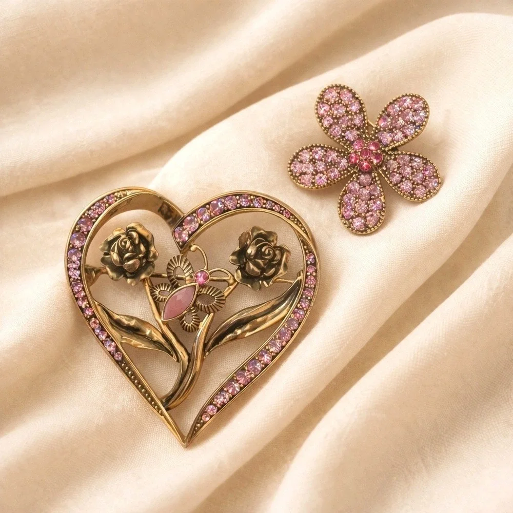 Vintage Rhinestone Brooch Set of 2 Gold Tone Pink Heart Floral Butterfly Pins